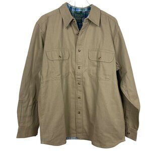 Scandia Woods Flannel Lined Khaki Shirt Medium Button Front Blue Plaid Lining